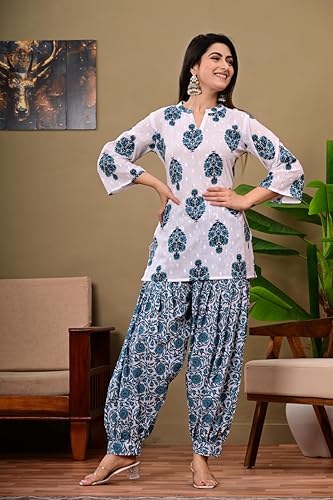 Image of Women's Cotton Floral Print Kurta Patiala Pant Set, White and Purple Traditional Indian Ethnic Wear with Damask Pattern