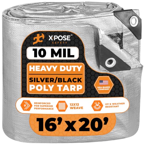 Image of Heavy Duty Poly Tarp - 16' x 20' - 10 Mil Thick Waterproof, UV Blocking Protective Cover - Reversible Silver and Black - Laminated Coating - Grommets - by Xpose Safety