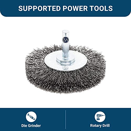 Image of Benchmark Abrasives 3 inch Mounted Crimped Wire Wheel for Cleaning deburring on Cast Iron, Steel, Titanium, Nickel, 1 /4 inch Shank for Rotary Tools (5 Pack) - Carbon Steel