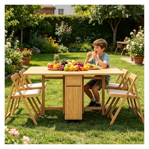Genérico Juego De Mesa De Comedor Plegable con 4 Sillas,Mesa De Alas Abatibles Plegable Madera Extensible con Ruedas,Mueble Ahorra Espacio para Apartamentos Pequeños(Natural)