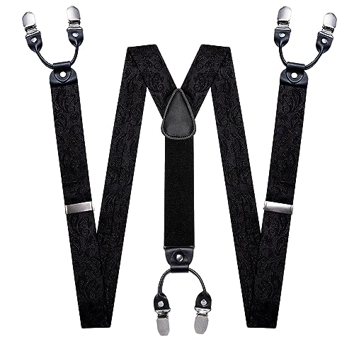 Image of Barry.Wang Men Suspender Set with Necktie Elastic Y Type Heavy Duty 6 Clips Braces Tie Handkerchief Cufflink Pin 6PCS