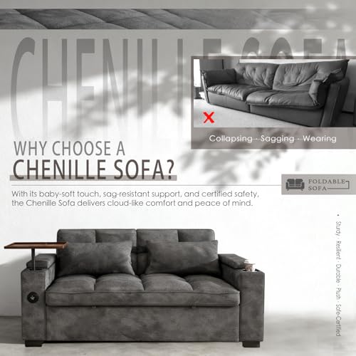 Image of Dreamzie 65'' 3 in 1 Convertible Sleeper Sofa Bed, Chenille Pull Out Couch for Living Room with 90 Swivel Side Table, Loveseat Sleeper with Charging Port | Side Pocket | Cup Holders, Grey