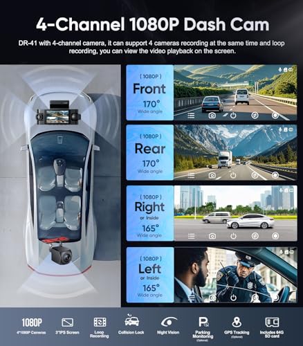 4 Channel Dash Cam Front and Rear Inside Left Right, 1080P Dash Camera for Cars,Car Camera with 3" IPS Screen,Night Vision,Included 64GB Card,Support Optional GPS, 24/7 Recording Parking Mode — view 2