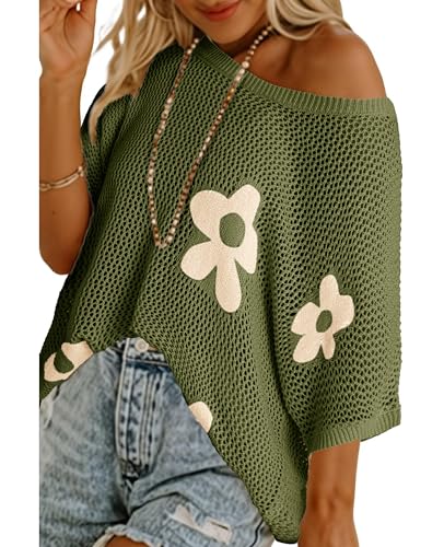 Image of SELINK Flower Crochet Tops for Women Short Sleeve Hollow Out Sweaters Swimsuit Cover Ups Lightweight Knit Pullover