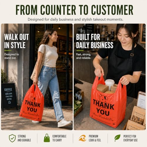 Image of YoYoRain Red Thank you T shirt bag, Grocery shopping bag Reusable and Disposable Supermarket Bag 11''x6''x21'' 100PCS