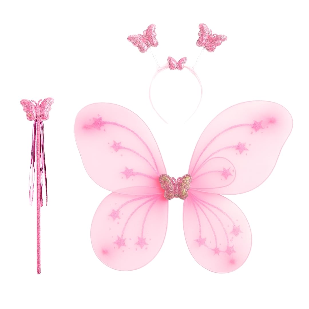 WP WANNA PARTY Butterfly Fairy Angel Wing, Wand And Headband Set,Costume For Girls Kids Angel For Butterfly Wings- Set Of 3,Satin (Pink)