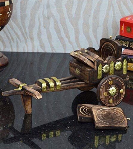 Crafticia Wooden Miniature Bullock Cart/Baggi Tea Coffee Drink Coaster Set of 6 Coasters for Dining Showpiece (11X6 inch, Brown)