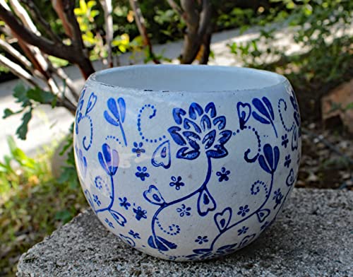 Old World Hand-Pressed Ceramic Blue And White Round Planters Or Garden Pots (Round Shape Flower Print 6.25 Inches Tall) #TOP4
