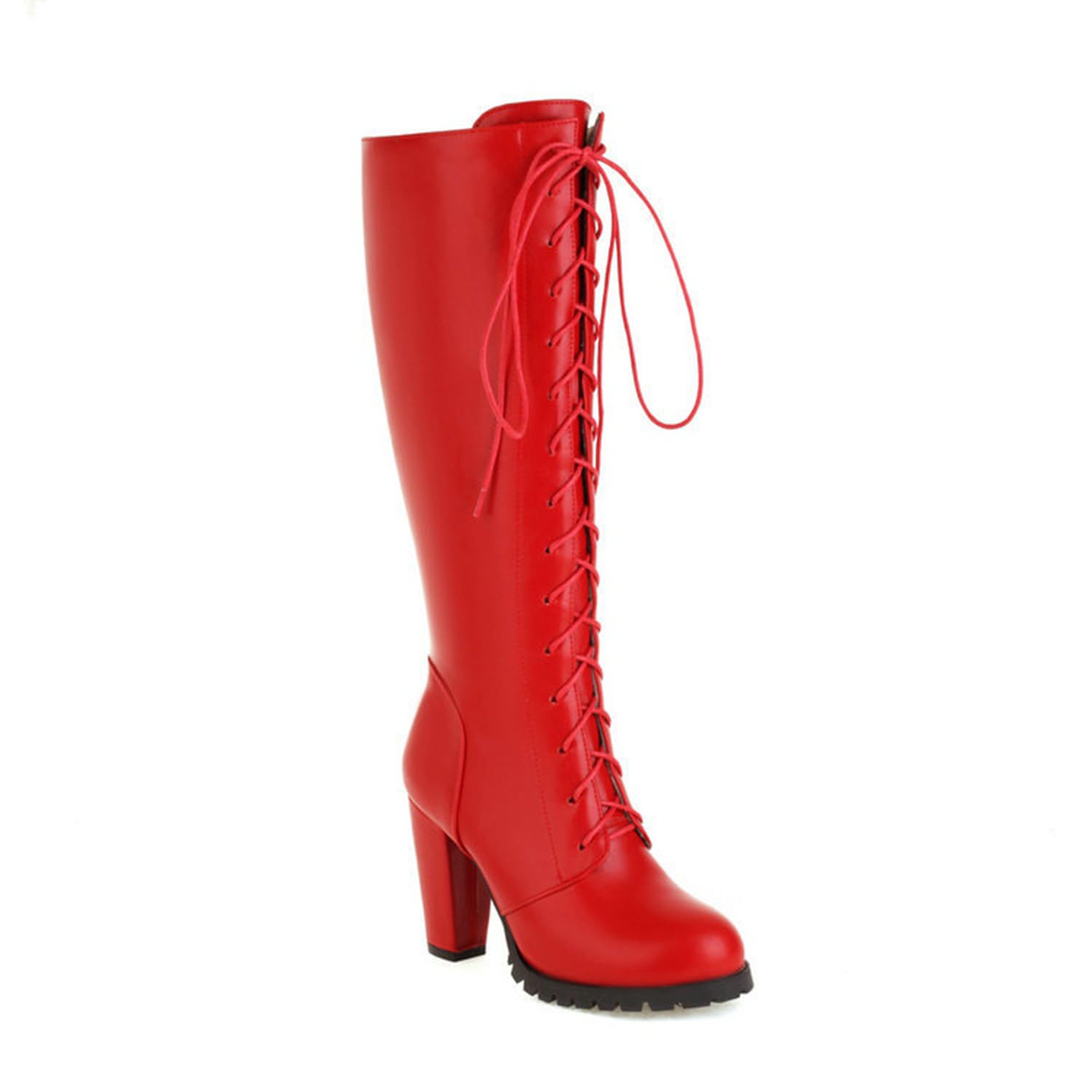 Womens Lace Up Knee High Boots Fashion Round Toe Chunky High Heel Lug Sole Motorcycle Riding Boots