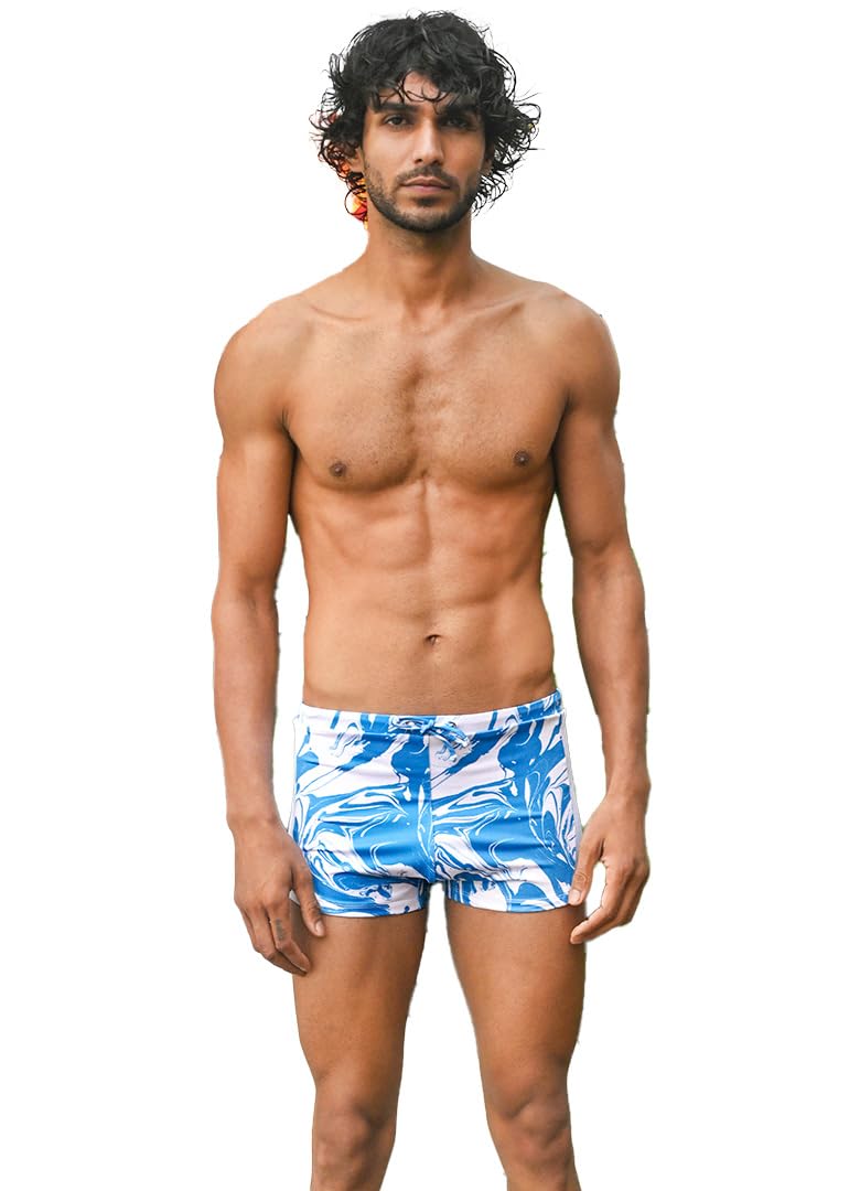 Elevated Swim Trunk in Corallium Rubrum Abstaract Print BlackM Blue