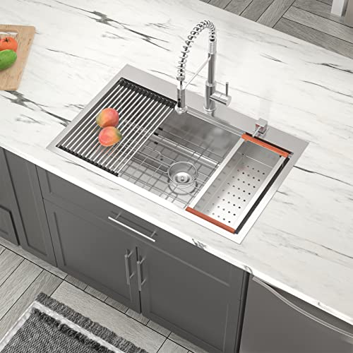 Dcolora Küchenspüle, 83,8 x 55,9 cm, Edelstahl-Spüle, 16 Gauge, Einzelschüssel, Übermontage, Topmount Küchenspüle, Waschbecken, 83,8 x 55,9 cm Cover