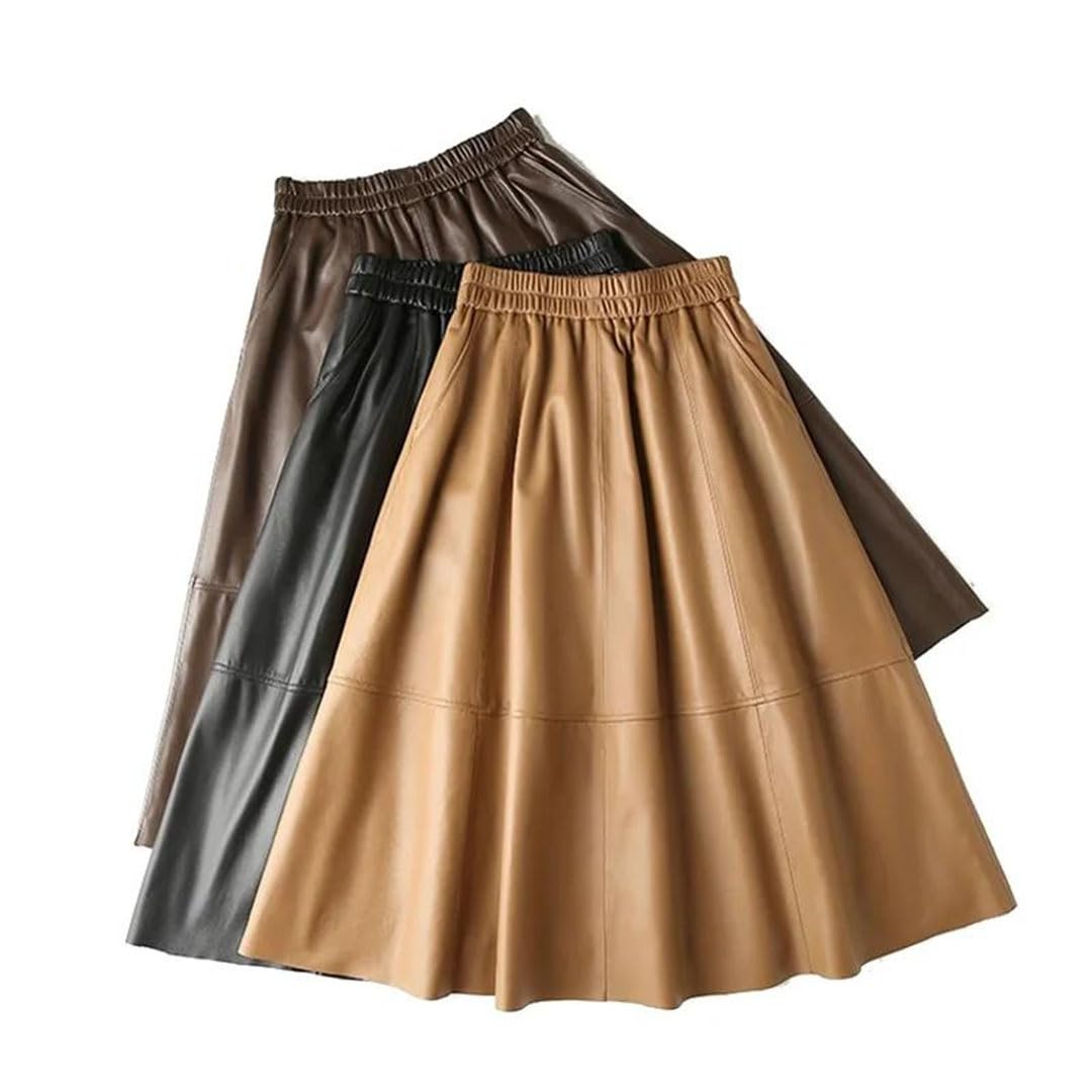 Lederrock für Damen, Harajuku-Stil, A-Linie, Taschen, plissiert, Wade, lang, elastische Taille, kurzer Rock