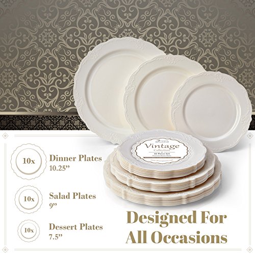 PARTY DISPOSABLE 120 PC DINNERWARE SET | 40 Dinner Plates | 40 Salad Plates | 40 Dessert Plates | Heavyweight Plastic Dishes | Fine China Look | Upscale Wedding and Dining (Vintage Collection - Cream)