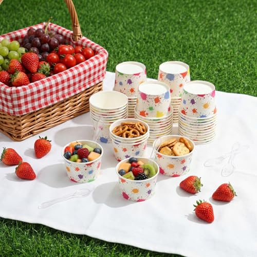 Image of Boao 100 Set 5 oz Ice Cream Cups with Spoons Disposable Paper Sundae Dessert Bowls Summer Party Supplies (Splatter)