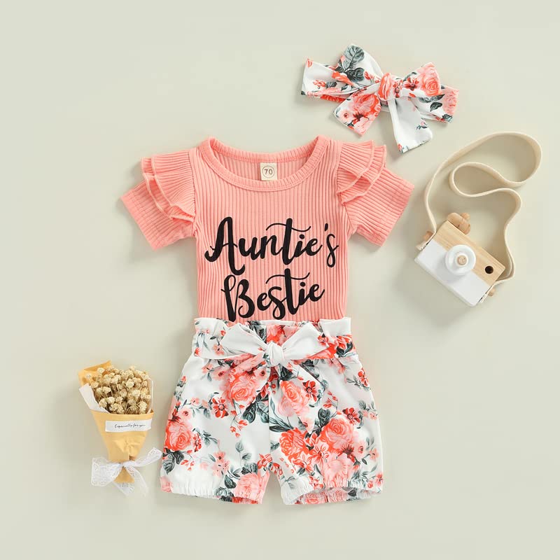 Newborn Baby Girl Auntie Outfits Auntie's Bestie Short Sleeve Ribbed Romper Floral Shorts Clothes with Headband2