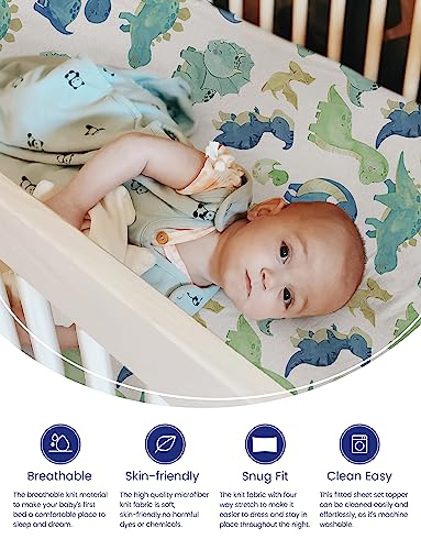 Image of TotAha Pack and Play Sheets Fitted, Buttery Soft Dinosaur Mini Crib Sheets Boy, Stretchy Graco Pack n Play Mattress Sheet, 2-Pack Universal Fit Playard Mattress Cover, All-Season Jersey-Knit