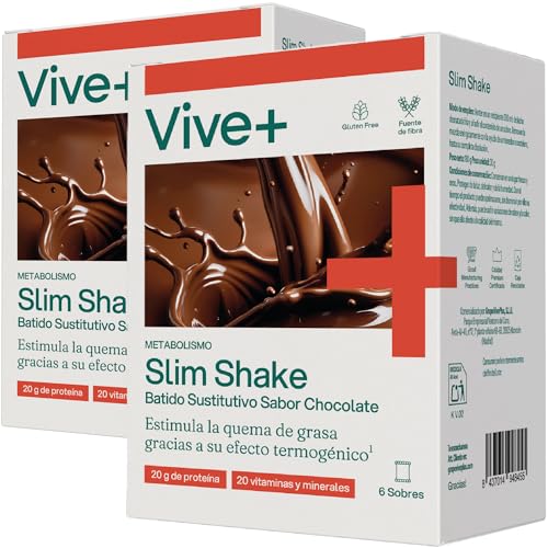 Vive+ Slim Shake Chocolate – 2 paquetes de 6 sobres de sustitutivo de comida con 20 g proteína, 20 vitaminas y minerales, fibra, guaraná y té verde – Control de peso, saciedad y termogénesis