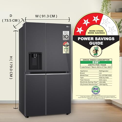 Image of LG 630 L, 3 Star, Frost-Free, Double Door, Door Cooling+, Hygiene Fresh+, Smart Inverter, Wi-Fi Convertible Side By Side Refrigerator with AI ThinQ (GL-L257CMC3, Matt Black, Ice & Water Dispenser)