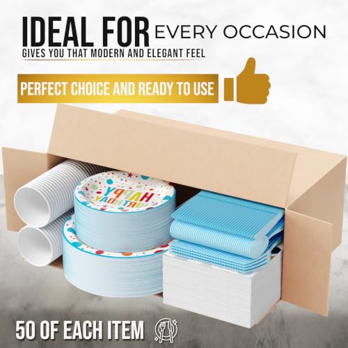 Image of Exquisite 350 Pcs Blue Happy Birthday Plates and Napkins Set, Blue Birthday Plates Set, 50 Of Each 9 inch Dinner Plate, 7 inch Dessert Plate, 12 oz Cups, Napkins & Cutlery Plastic Dinnerware Set
