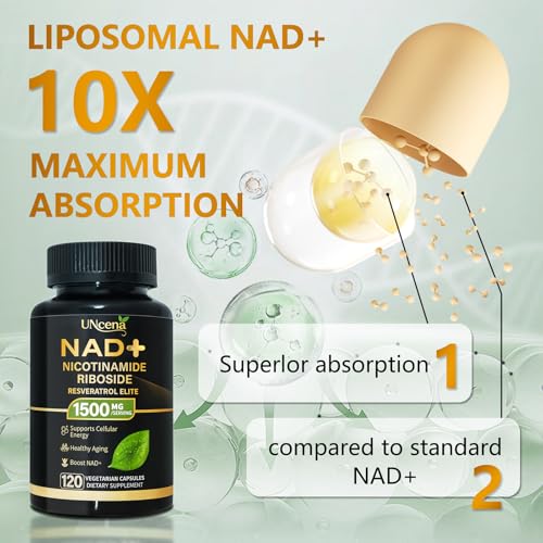NAD Supplement 1500mg - Liposomal NAD+ Nicotinamide Riboside with Resveratrol, NAD Plus Boosting - Support Cellular Health, Stamina & Healthy Aging for Women & Men- 120 Capsules