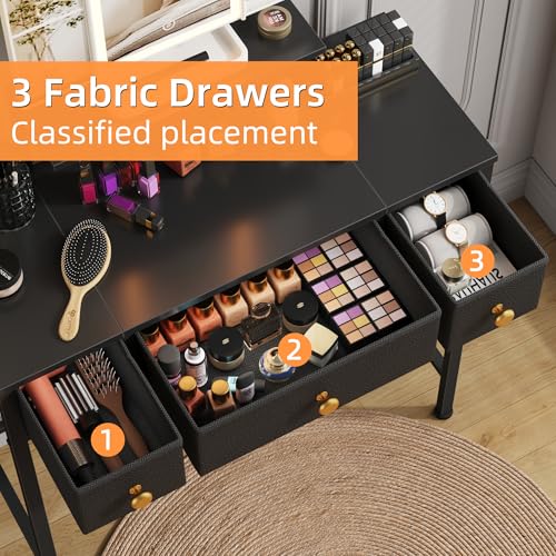 Image of HIGDBFE Small Makeup Vanity Desk 27.5''W with Mirror and Lights, 3 Drawers | USB Lighted Mirror, Height-Adjustable Stand, Fabric Drawers, Girls /Kids Gifts, Bedroom, Small Space, Dorm, Black