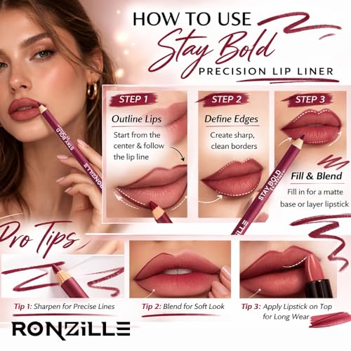 Image of Ronzille Super Stay Matte Lip Liner | Long Lasting Lip Pencil | Smooth Glide Crayon | Waterproof Matte Finish | Lip Definer for Women Set of 5
