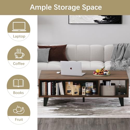 Furnivado Mid Century Modern Coffee Table, 43 Inch Coffee Table with Storage, Wood Coffee Tables Accent Center Tables with Open Display Area, Rectangle Coffee Tables for Living Room,Dark Brown