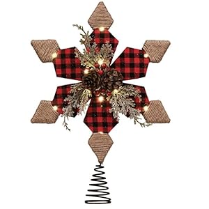 Valery Madelyn Christmas Tree Topper Star with Timer, 12 Inch Pre-Lit Farmhouse Rustic Red Black Fabric Metal Star Tree Topper with Lights and Pinecone for Tree Valentines Decor, Valentines Gifts Valery Madelyn Christmas Tree Topper Star with Timer 12 Inch Pre Lit Farmhouse Rustic Red Black Fabric Metal Star Tree Topper with Lights and Pinecone for Tree Valentines Decor Valentines Gifts