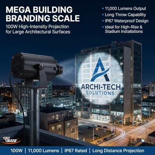 Image of TONZO 100W LED Logo Projector Light, 11000 Lumens, 7-30ft Range, 1 Custom Lens, IP67 Waterproof Outdoor GOBO Projector with Remote, Static & Rotating Signage Light for Shop Event Business Storefront