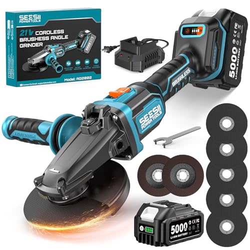 SEESII Flathead Brushless Angle Grinder 5.0Ah Battery and Fast Charger Drop Protection 21V 6 Variable Speed Cordless Grinder Kit 4-1/2 to 5 Cut Off Tool for Metal Cutting Auto Body DIY