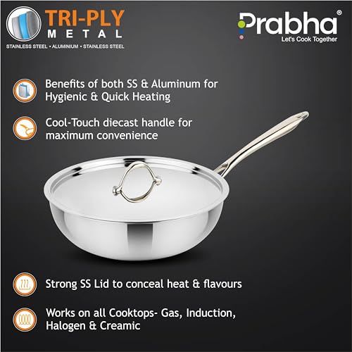 Image of Prabha Stainless Steel Prima Wok, Included Lid, Kadhai for Kitchen, 22cm, 2.2 L Capacity, Steel Wok with Stay Cool Handle, Induction and Gas Stove Compatible