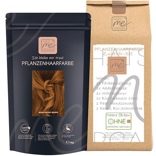 Thats me Organic® Profi Pflanzenhaarfarbe + Zubehörset (warm nougat brown) – Bio Haarfarbe ohne Chemie – Haarfarbe für gesundes Haarefärben auch während Schwangerschaft und Stillzeit