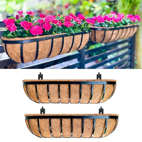 LaLaGreen Railing Planters Box (2 Pack, 30") Black Metal Large