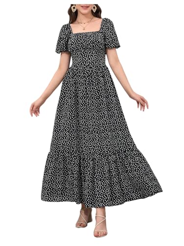 SHENHE Girl's Floral Maxi Dress Puff Sleeve Square Neck Smocked A Line Ruffle Flowy Sundress