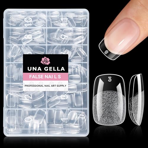 Image of UNA GELLA Short Square & Squoval Nail Tips 216pcs Pre-Etched Short Square Round Oval Press on Nails Squoval Clear Acrylic Fake Full Cover Gel Nails Tips for Nail Extensions Home DIY Salon 12 Sizes