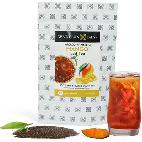 Walters Bay Mango Iced Tea, 12 Count, Quart Sized Tea Bags, Ceylon Tea, Unsweetened, Luscious Mango Fruit Flavored, 100% Hand Plucked, Black Tea, Sri Lankan Tea Cover