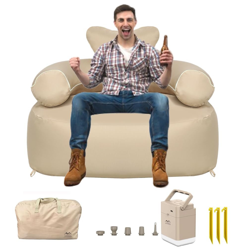 LUOOV Inflatable Couch Chairs Blow up Camp Sofa Camping Air Couch Sofa Inflatable Outdoor Furniture Chair Couch Lounger Air Sofa for Adult(Khaki