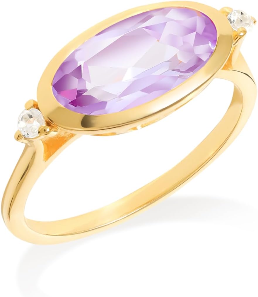 YoTreasure 14K Gold Plated 925 Sterling Silver Pink Amethyst Citrine & White Topaz Ring for Women | Oval Cut 6x12mm Gemstone Solitaire Ring | Hypoallergenic Promise Ring Jewelry