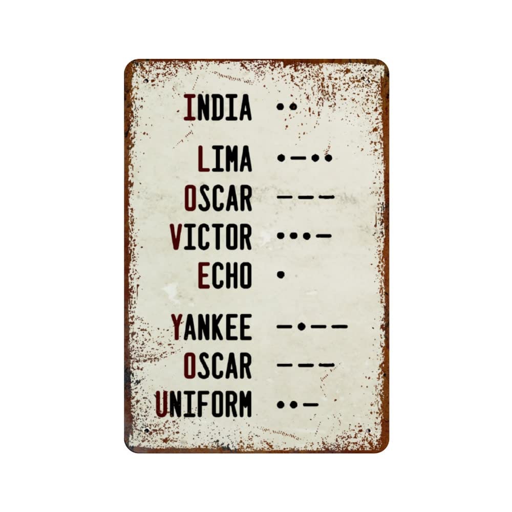 Kueprae A346 I Love You Metal Sign 8X12 Inch Morse Code Phonetic Alphabet Wall Hanging Wall Art