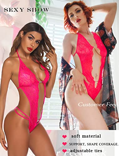 Avidlove Women One Piece Lingerie Sexy Lace Bodysuit Deep V Teddy Babydoll Hot Pink X-Large #TOP2