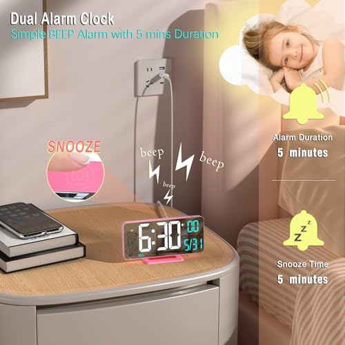 Image of Pink Digital Clock for Bedroom 6.7in Dual Alarm Clock with Dimming, 12 /24h, Seconds, Date, Day of Week, Temp, Desk Clock, LED Clock for Table Decor, Digital Calendar Table Clocks for Bedrooms KOSUMOSU