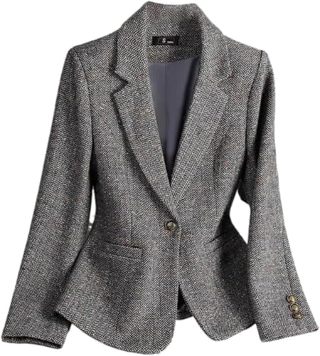 Eleganter Damen Tweed Blazer Mit Revers Und Einem Knopf Langärmliger Blazer Für Frühling Und Herbst Business Freizeit Arbeit Und Bankett (Grau,XL)