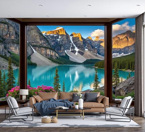 SMBHIAON Realistic Floor-to-Ceiling Window Design Large Silk Wall Murals for Living Room,Valley Lake Views Mural for Bedroom,Blue-Green Wall Mural Wallpaper for Room(Not Peel N' Stick)-118" X 82"