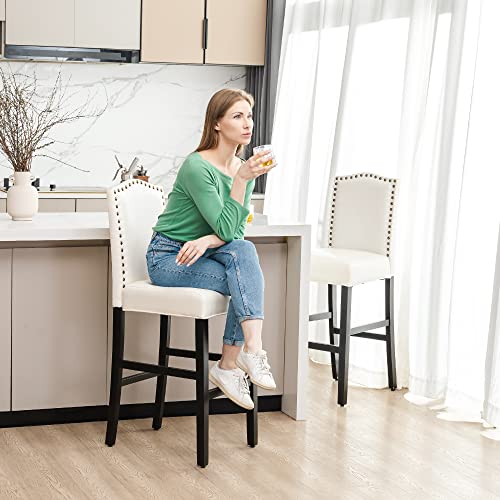 Glitzhome Bar Stools Set Of 2, 45" H White Bonded Leather Armless Barchair With High-Back Studded Solid Rubberwood Legs For Kitchen Island Breakfast Chair For Dining Room, Party Room & Restaurant #TOP30