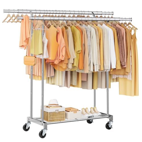 FAVOOSTY Burro ropa con ruedas y 2 niveles, Perchero móvil y estable, Ajustable perchero metálico, Con capacidad de carga de hasta 90 kg, Cromado
