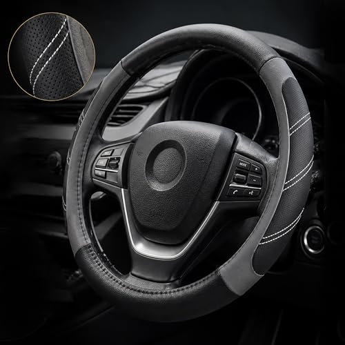 Image of Elantrip Leather Large Steering Wheel Cover 14 1 /2 inch to 15 inch Universal, Soft Grip Breathable for Car Truck SUV Jeep Anti Slip Gray
