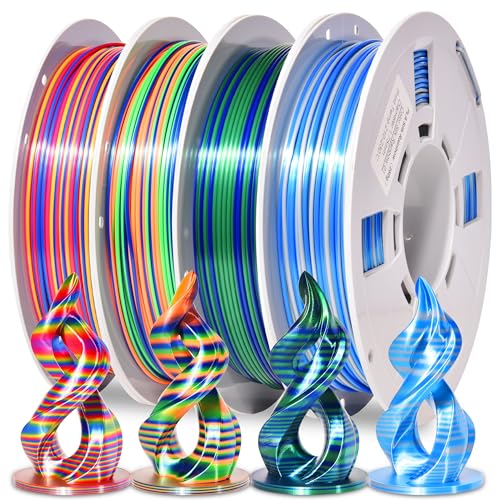 Image of PINBALL Silk Rainbow 3D Printer Filament Bundle, Shiny Multicolor PLA Filament Fast Color Change, 250g Spool, 4 Rolls, 4 Colors