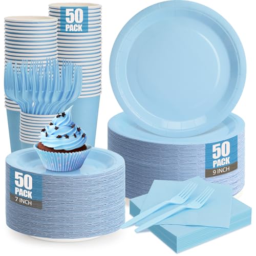 CENLBJ 250Pcs Light Blue Paper Plates and Napkins Supplies Include 9’’Paper Party Plates, 7’’Dessert Plate Cups Napkins Forks for Baby Shower, Wedding, Birthday, Serves 50