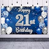 Nelbiirth Happy 21st Birthday Decorations,21 Blue & Silver Balloon Large Birthday Banner Backdrop Sign,21st Bday Party Supplies.