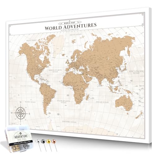 Image of IPIC - Vintage World Map Pin Board Canvas Wall Art, Travel Map with Pins Included, Ready to Hang for Home or Office, 40x30 Inch